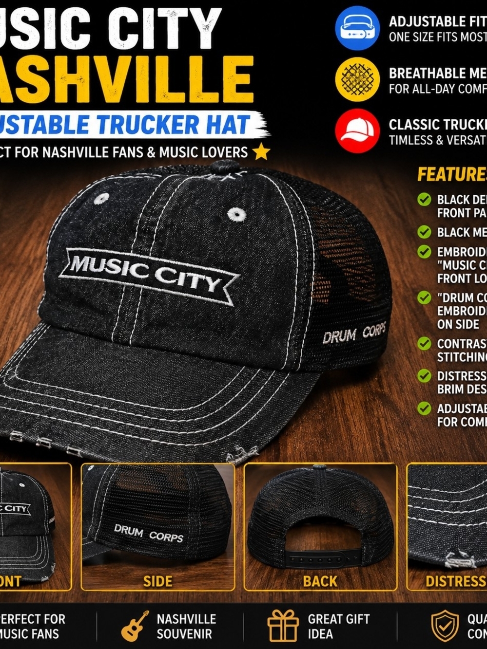 Music City Nashville Drum Corps Distressed Trucker Hat Cap Black Adjustable Mesh
